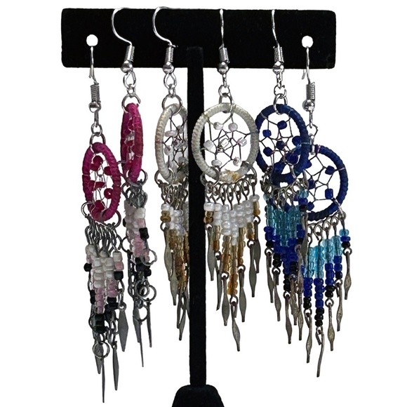 3 PAIRS of Dream Catcher Earrings Dangle Drop Refurbished Navy Pink Ivory Beaded - Picture 10 of 12